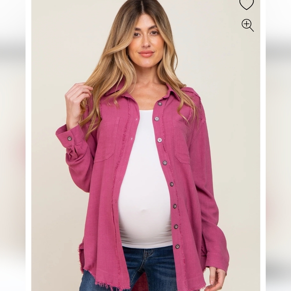 Linen Medium fringed button down maternity blouse, dusty rose - Picture 1 of 3